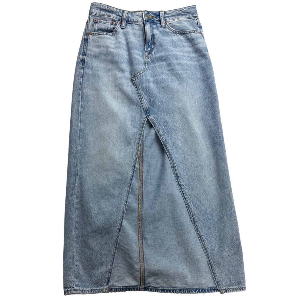 American Eagle Low Rise Denim Maxi Skirt Light Wash Front Slit Size 000 26 Waist